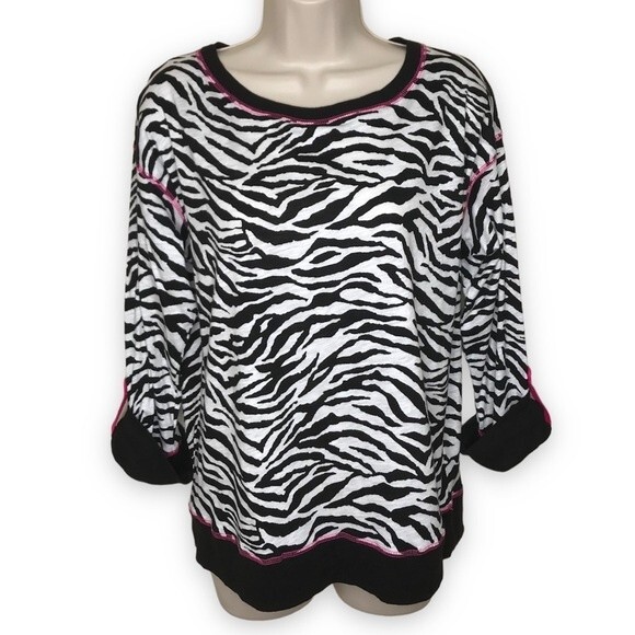 NWT Jones New York Sport Black White Zebra Stripe Pink Contrast Top Size PM - Picture 1 of 12